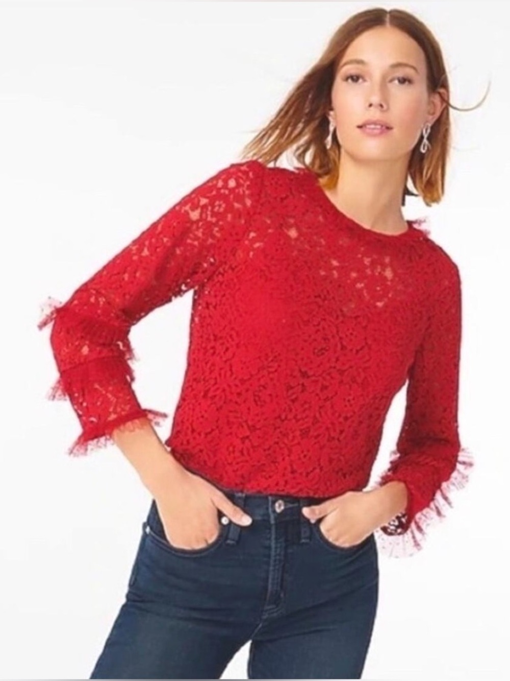 J CREW red lace tulle top XS